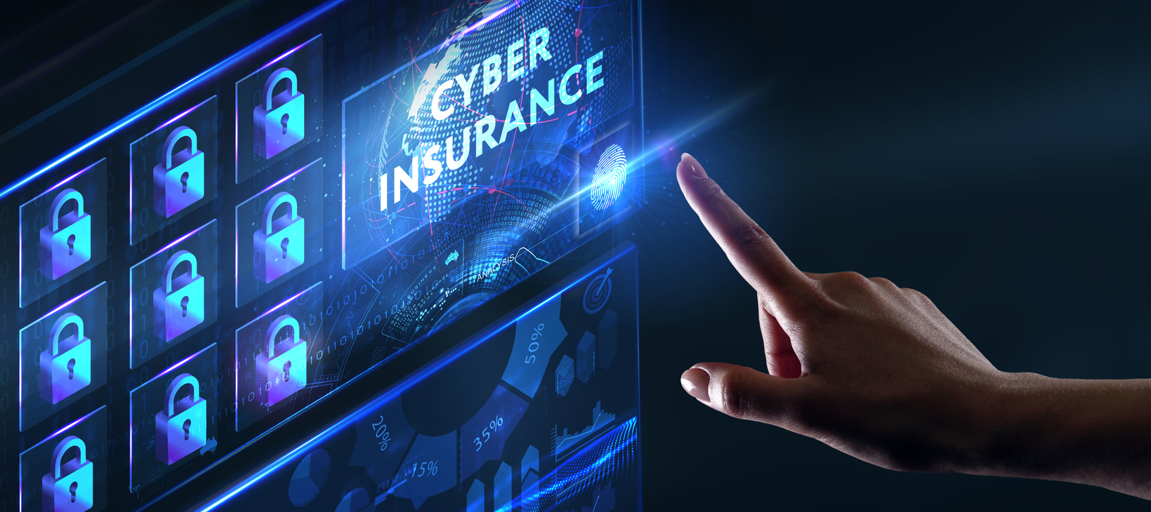 Business, technology, internet and networking concept. Young businessman working in the office, select the icon Cyber insurance on the virtual display.